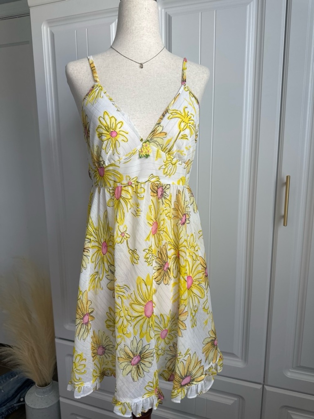Vintage Y2K Betsey Johnson Yellow Sunflower Babydoll Slip Nightgown Ruffle L